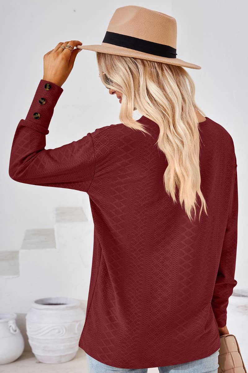 CWTBLL2806_SOLID COLOR V-NECK LONG SLEEVE BUTTON-UP TOP