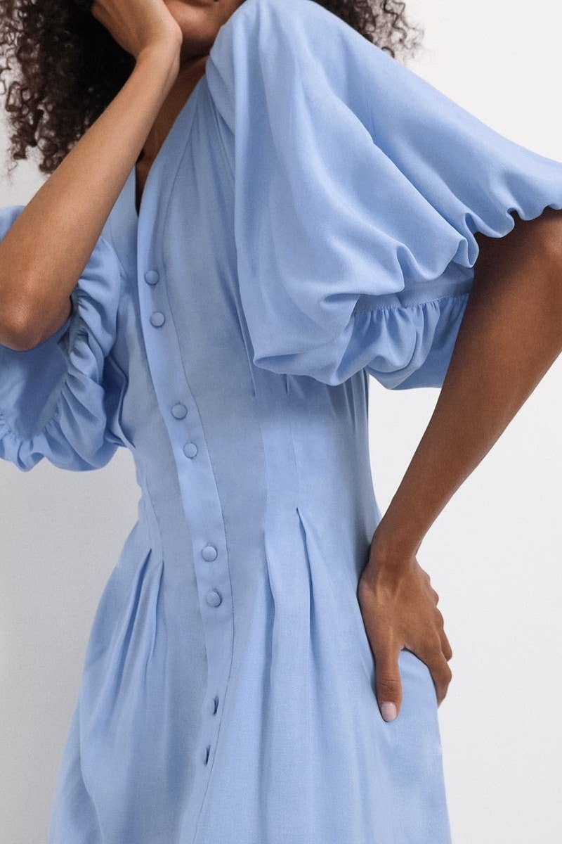 CWDMD6089_LINEN COTTON V NECK PUFF SLEEVE SLIM DRESS