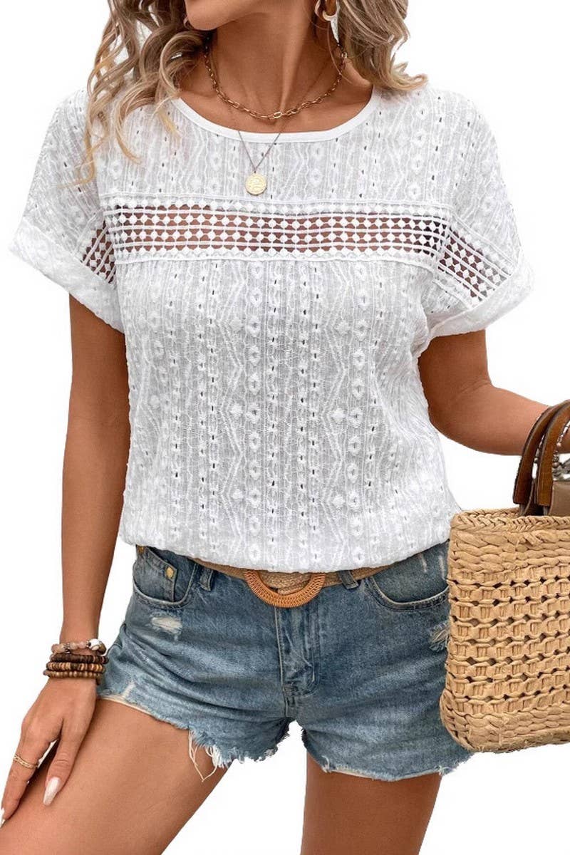 CWTBLS2265_LACE HOLLOW OUT BATWING SLEEVE T-SHIRT