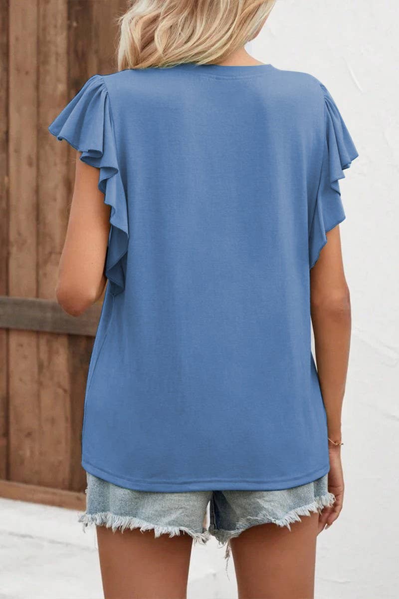 CWTBLS2310_SOLID V-NECK RUFFLE SLEEVE SHORT SLEEVE TOP