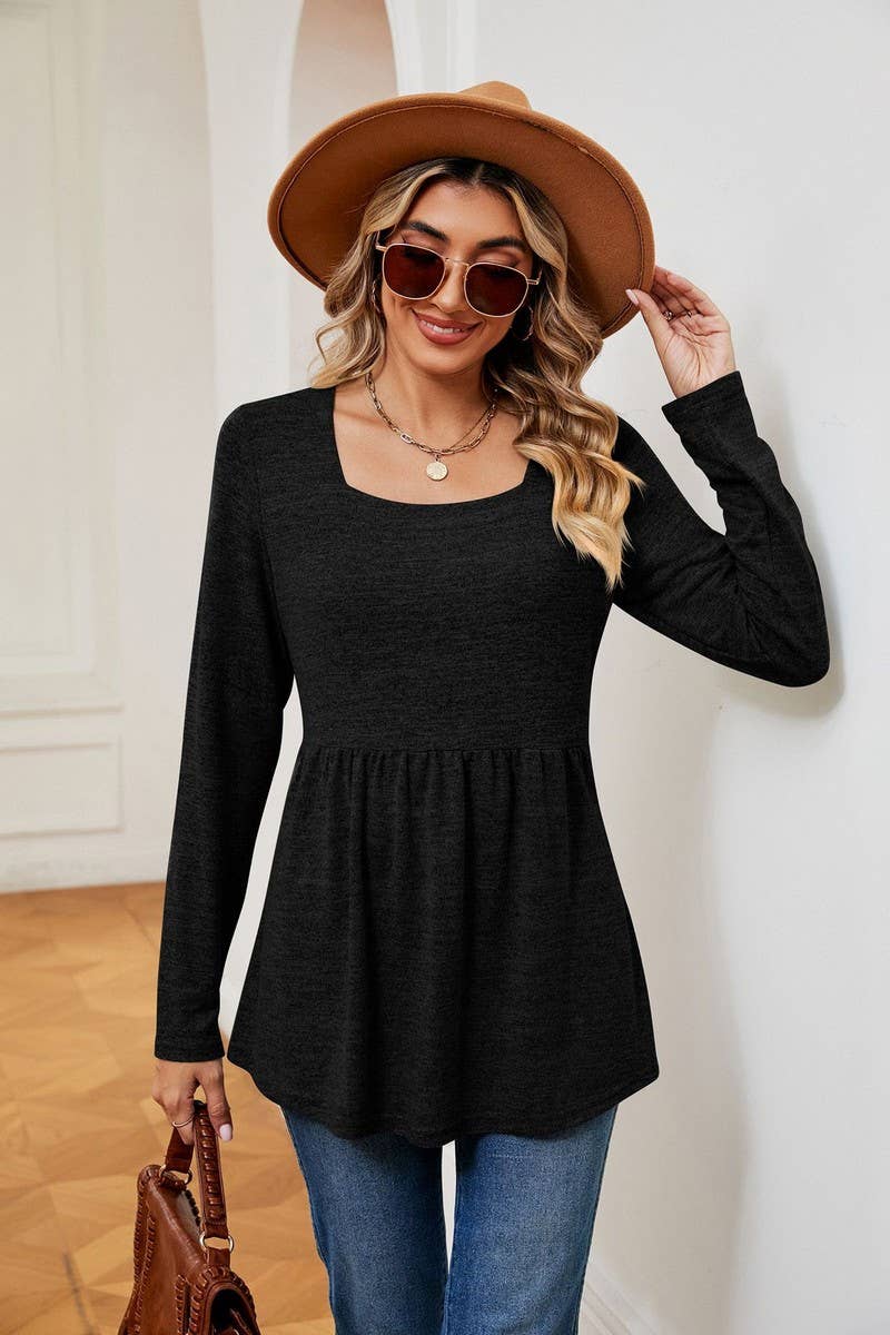 CWTBLL2397_SQUARE NECK LONG SLEEVE WAISTED MID-LENGTH TOP