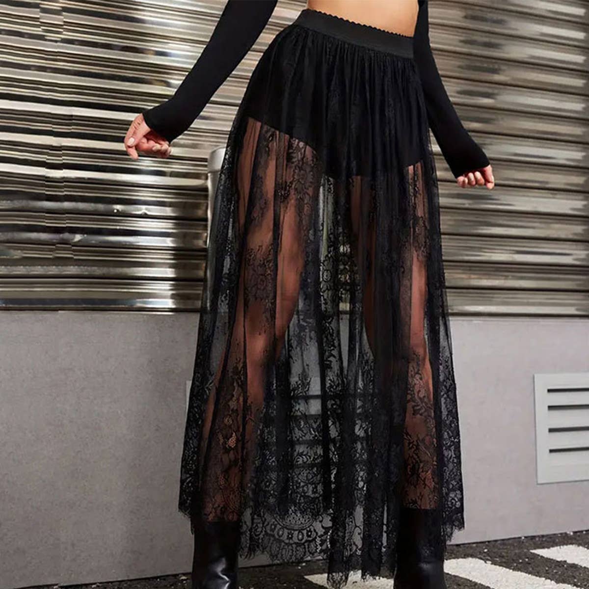 Dark Gothic lace see-through high-waisted skirt