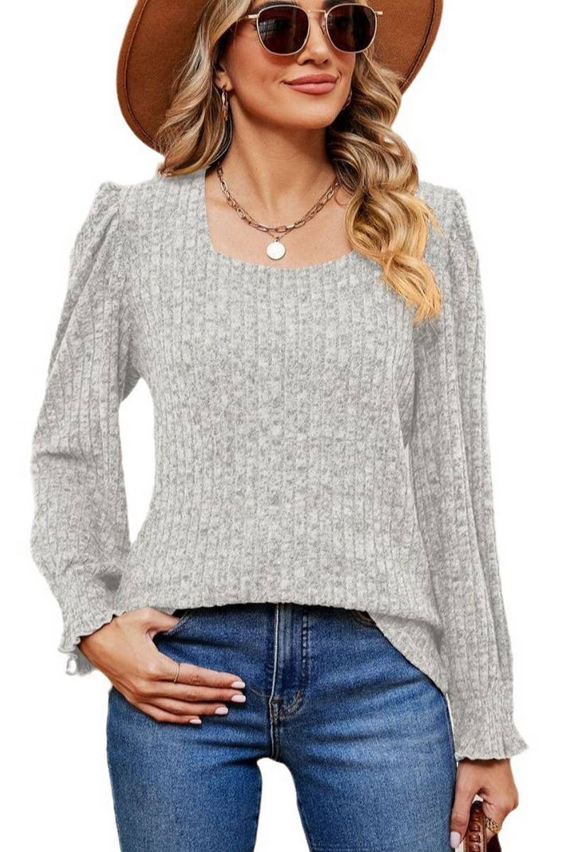 CWTBLL2404_SQUARE NECK LONG SLEEVE RIBBED RUFFLE SLEEVE TOP