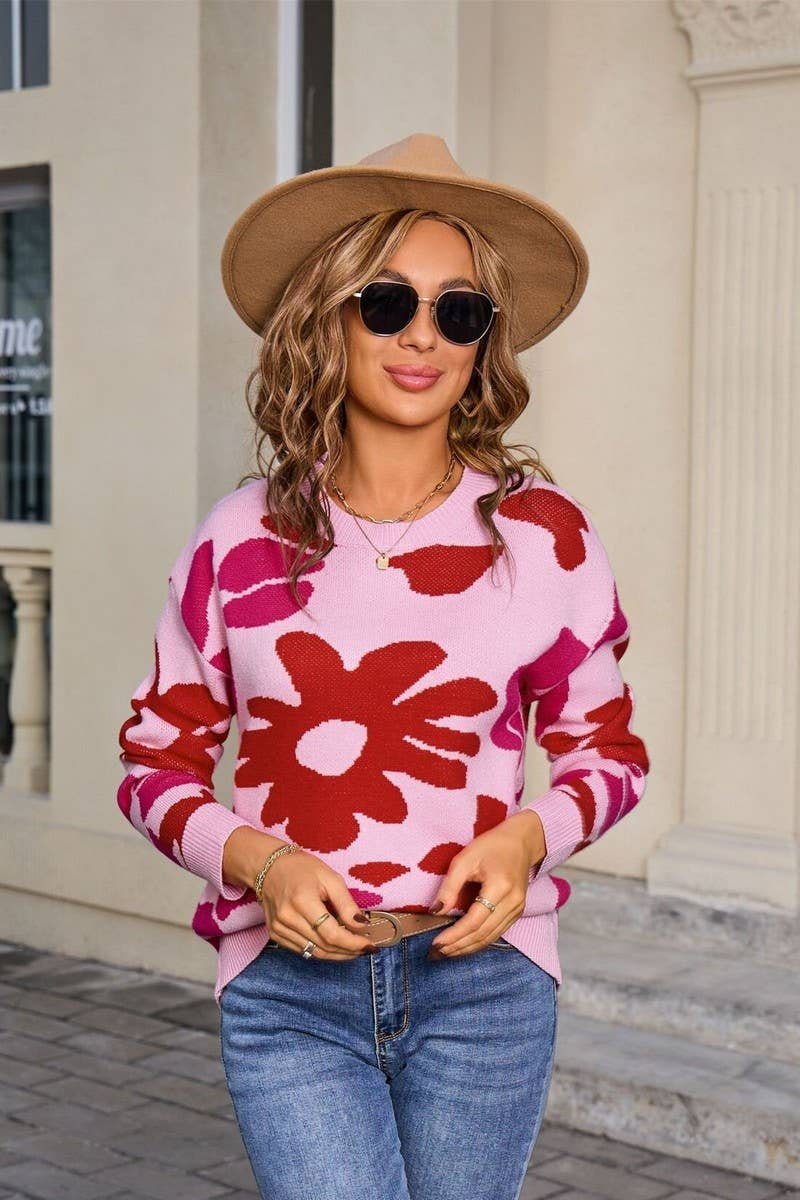 CWOSWL07600_FLORAL PRINT LONG SLEEVE KNIT SWEATER