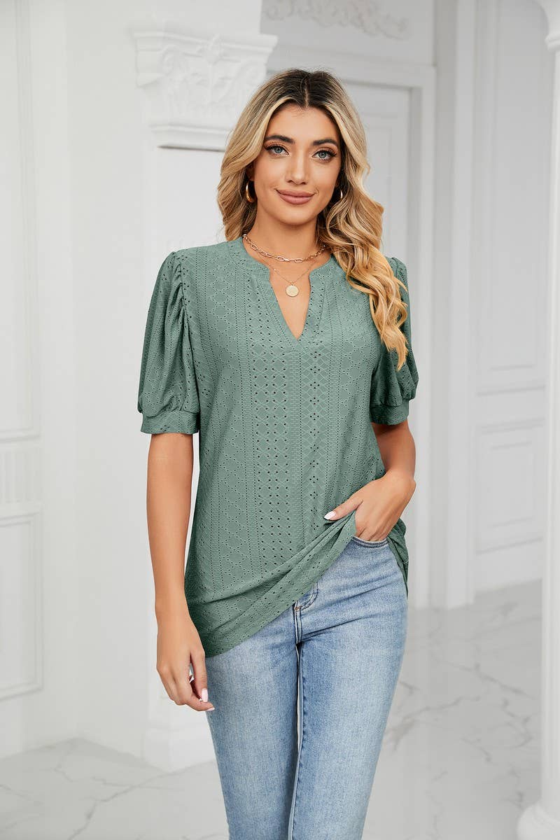 CWTSTS0358_V-Neck Short Sleeve Knit Top