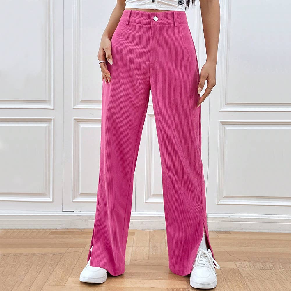 CORDUROY CASUAL STRAIGHT PANTS WITH SLIT BOTTOMS