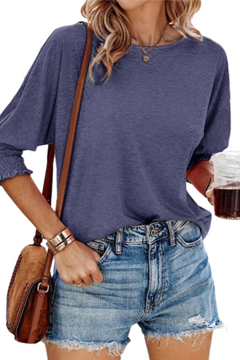 CWTBLL1397_SUMMER LOOSE CREW-NECK MID-LONG-SLEEVED TOP