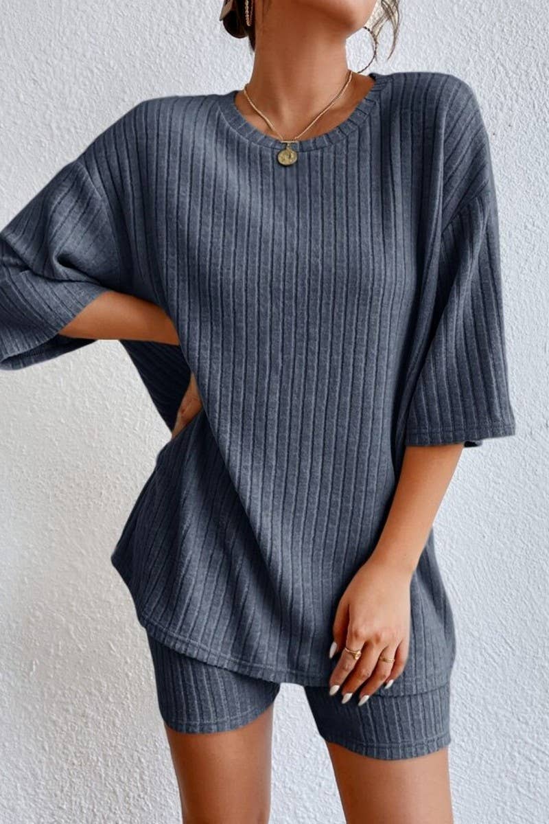 CWSTB1361_SOLID COLOR ROUND NECK LOOSE TOP AND SHORTS SET