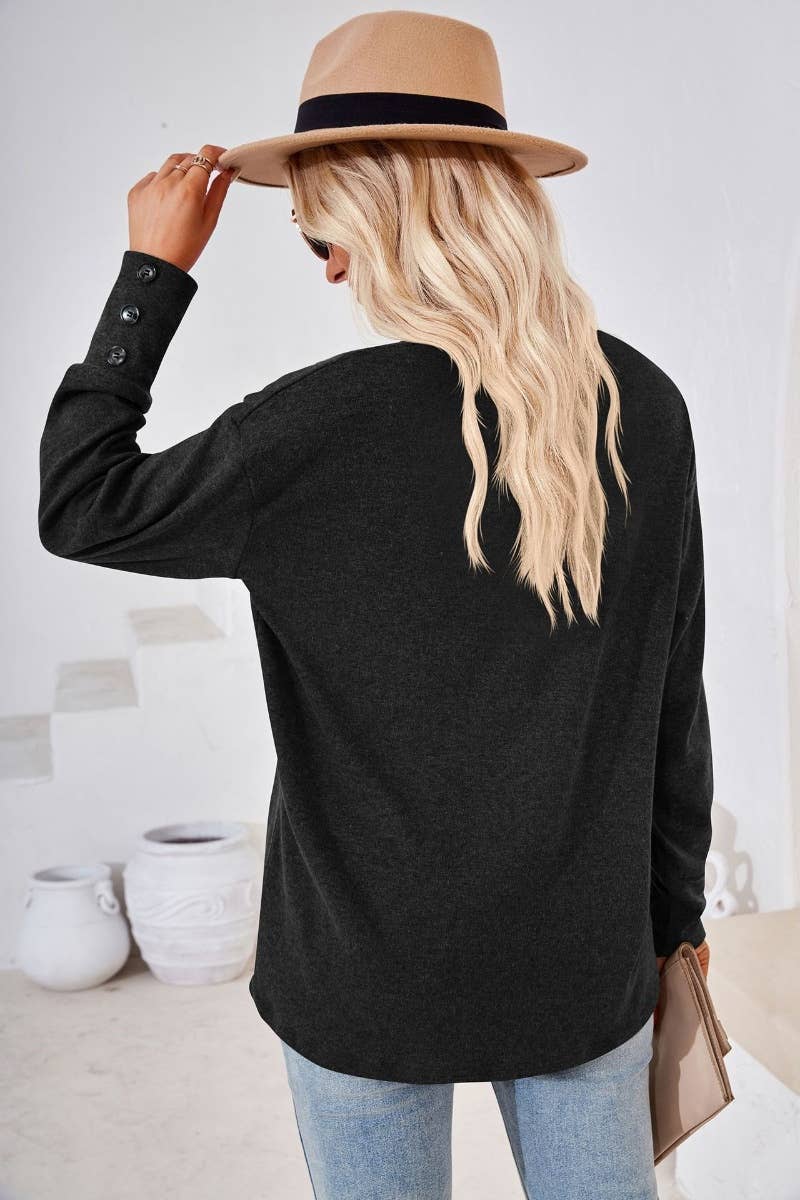 CWTBLL2683_AUTUMN LOOSE SIMPLE V-NECK LONG SLEEVE TOP