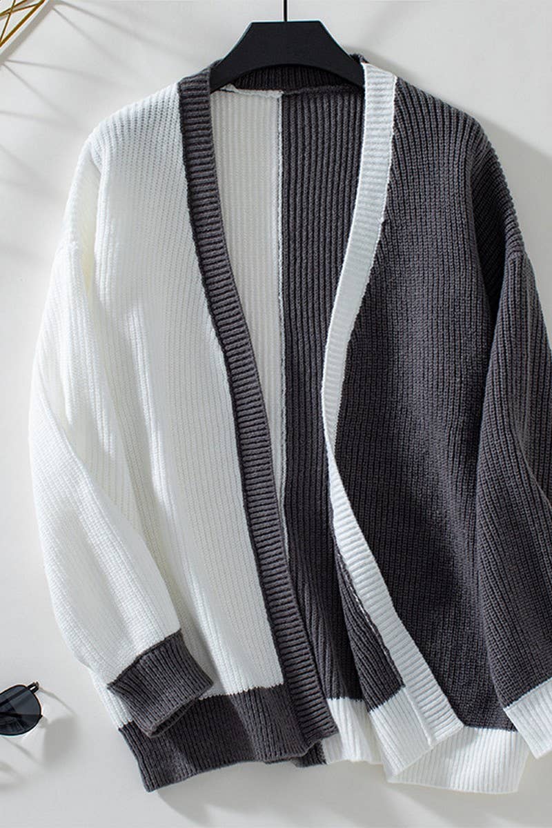 CWOCAL0841_COLORBLOCK CASUAL LONG SLEEVE KNIT CARDIGAN