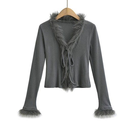WOOLLY PATCHWORK STRAP SLIM-FIT V-NECK CARDIGAN
