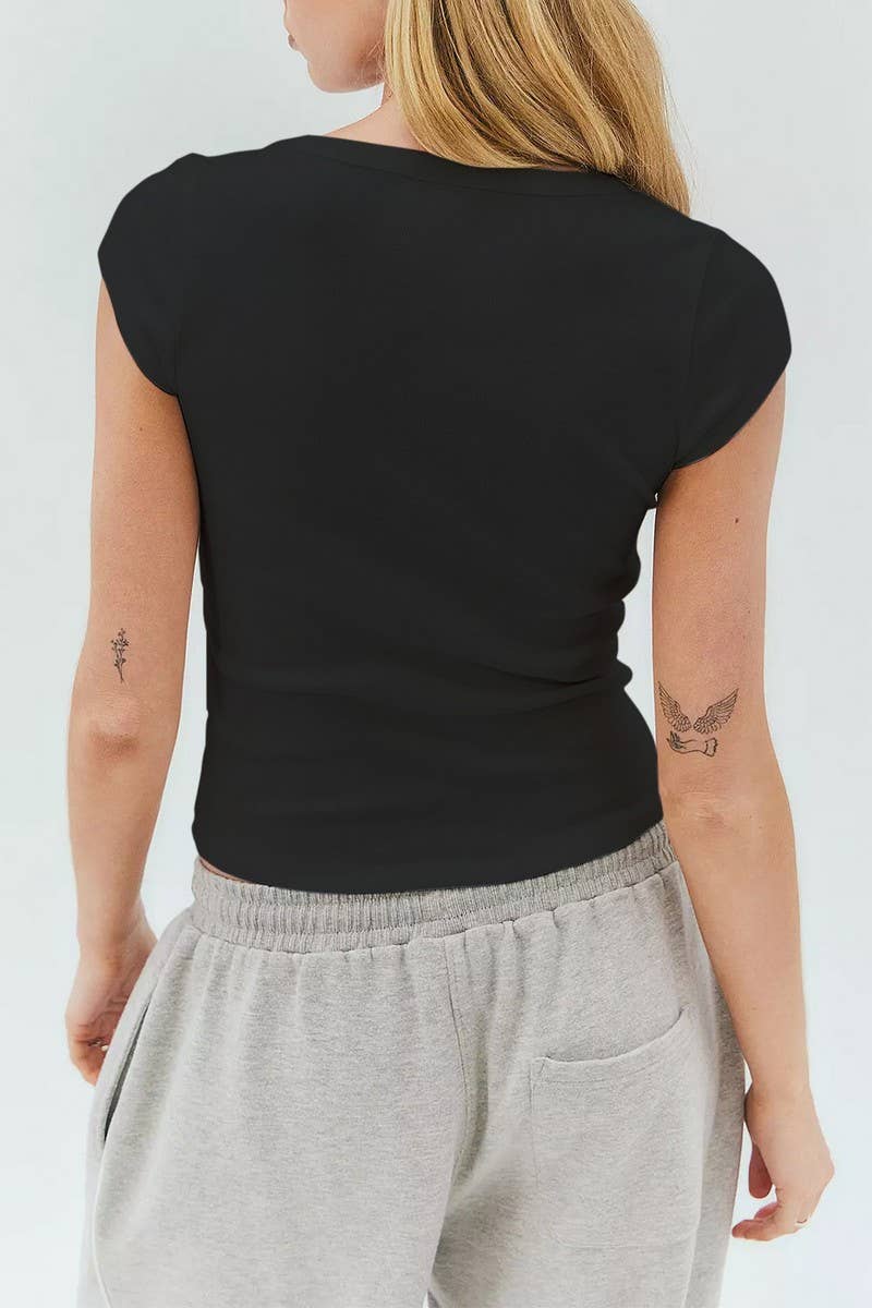 CWTTS1561_EMBROIDERED V-NECK FITTED SOLID COLOR TEE