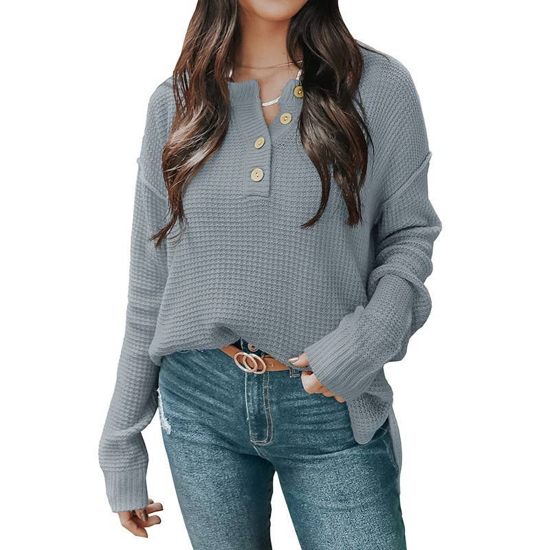 BUTTON-DOWN V-NECK LONG-SLEEVED PULLOVER SWEATER