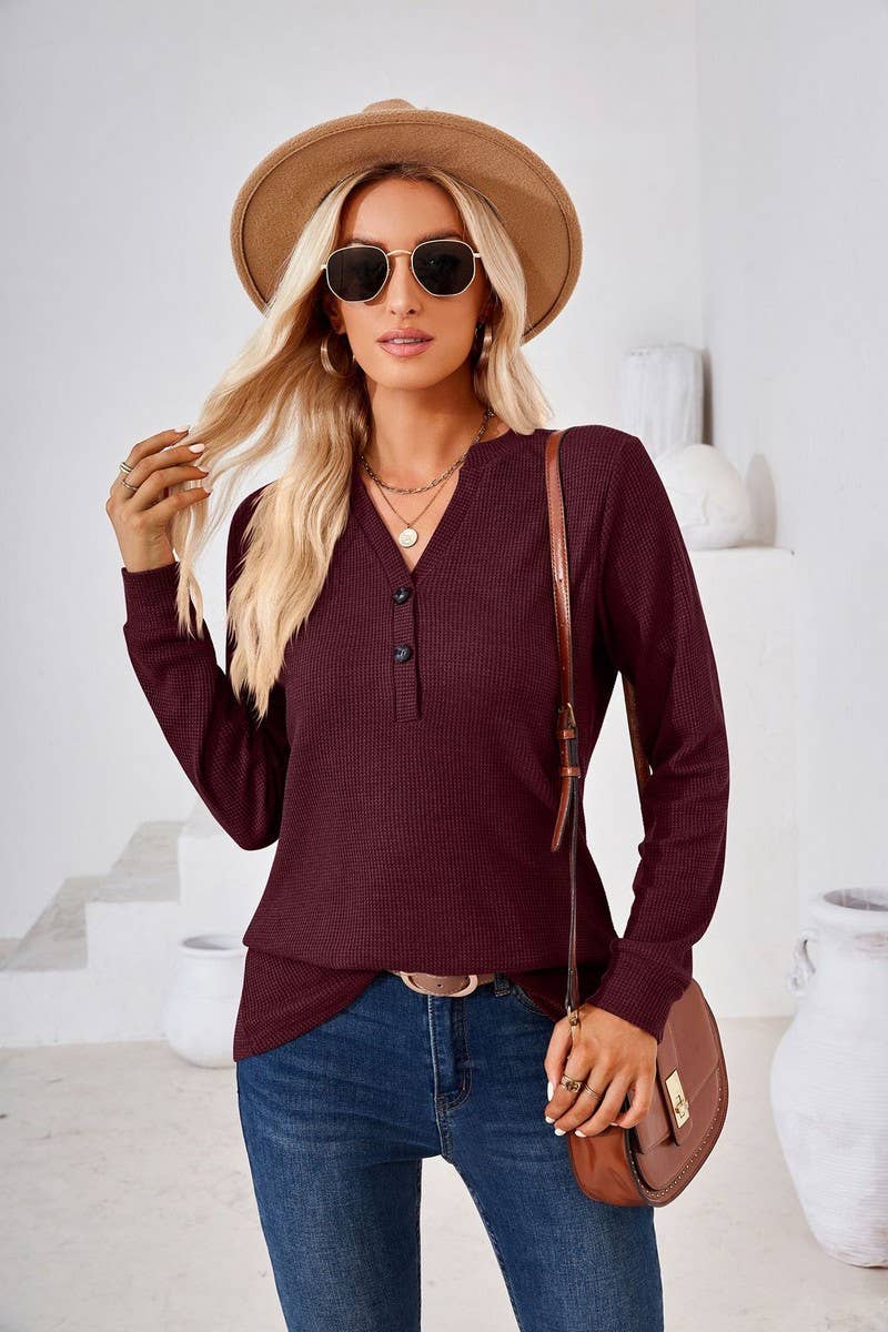 CWTBLL01312_V NECK BUTTON SOLID LONG SLEEVE LOOSE TEE