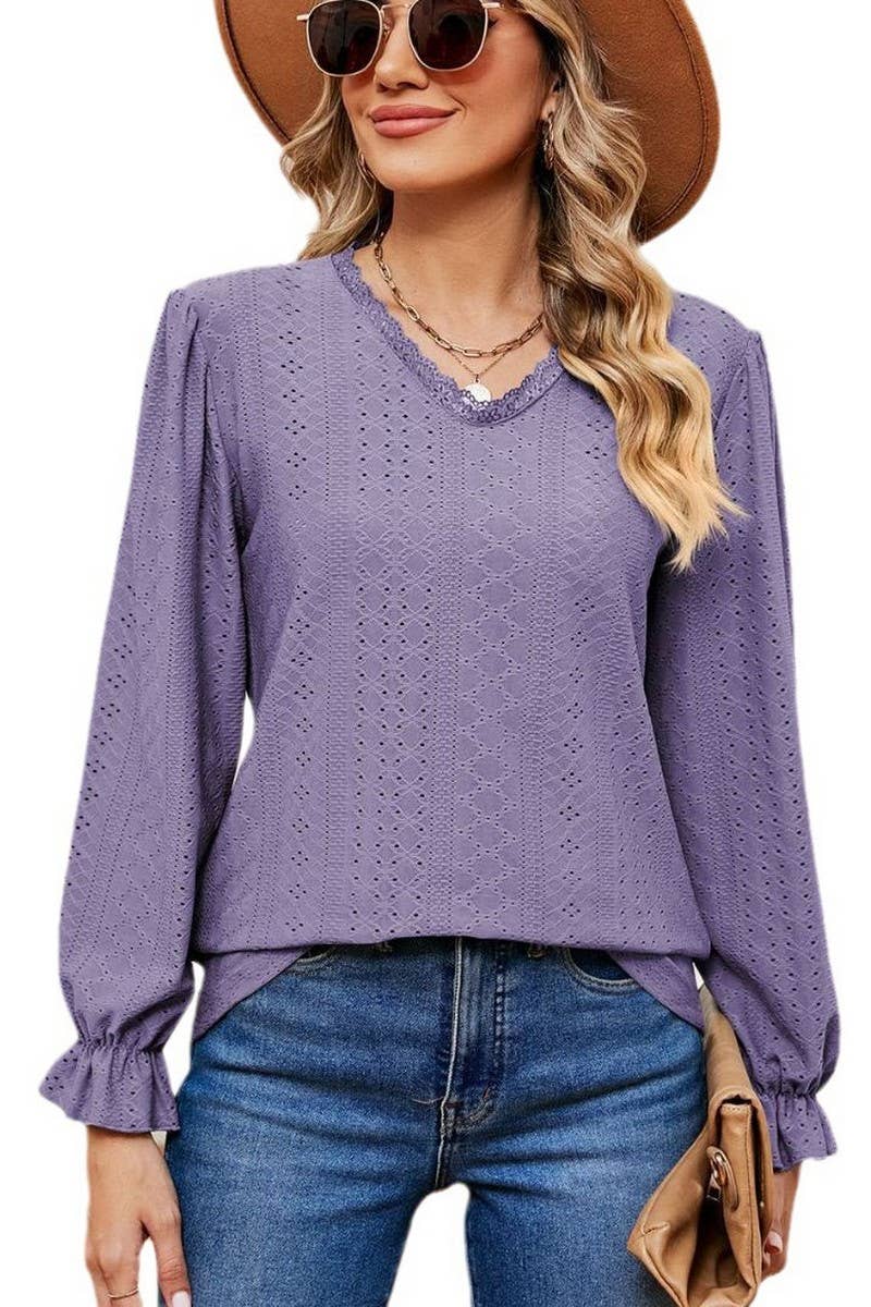 CWTBLL2394_V-NECK LONG-SLEEVED HOLLOW LACE PATCHWORK TOP