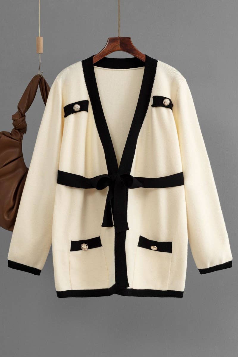 CWOCAL00675_V NECK COLORBLOCK TIE BUTTON PLUS CARDIGAN
