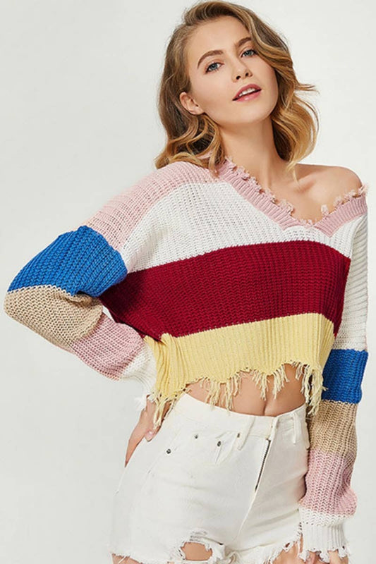 CWOSWL6646_SEXY RAINBOW FRINGE LONG SLEEVE CROP SWEATER