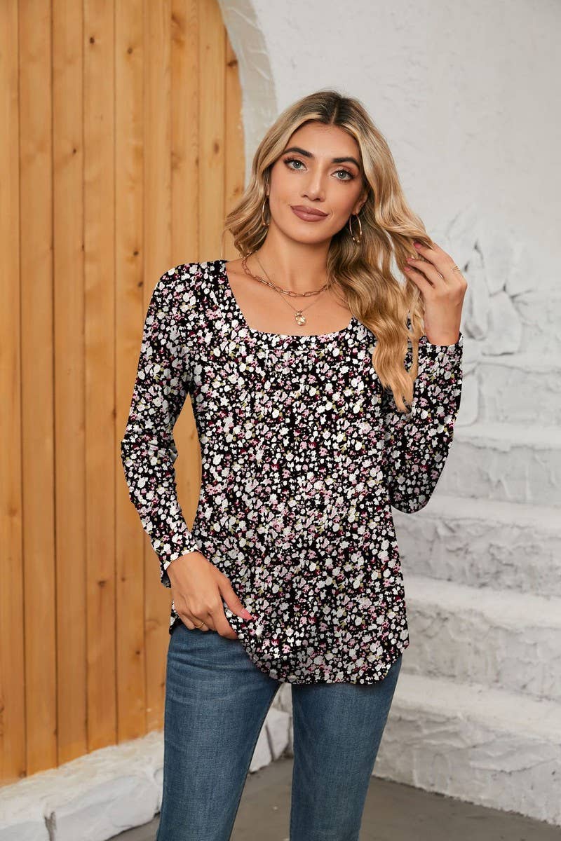 CWTBLL1043_SQUARE NECK PRINTED LONG SLEEVE CASUAL TOP