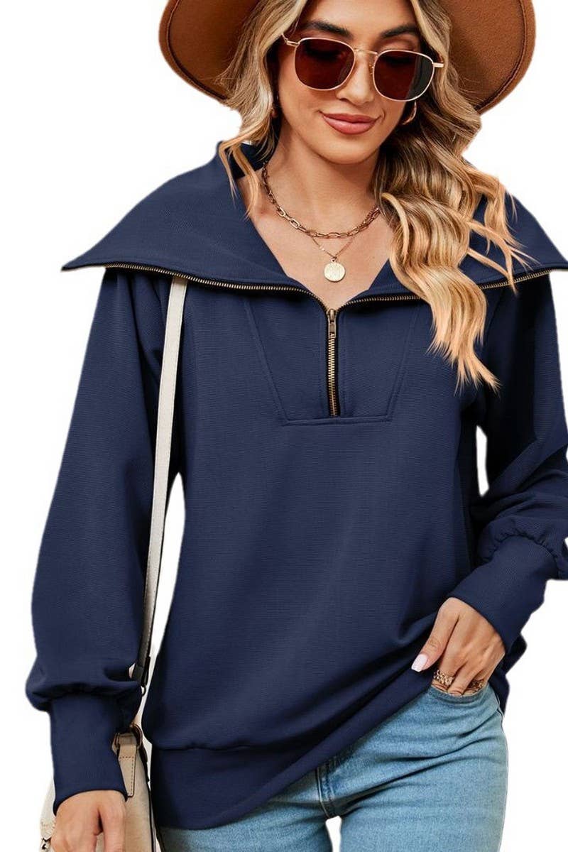 CWTBLL2400_SOLID COLOR ZIPPER LAPEL LOOSE SHAWL SWEATSHIRT