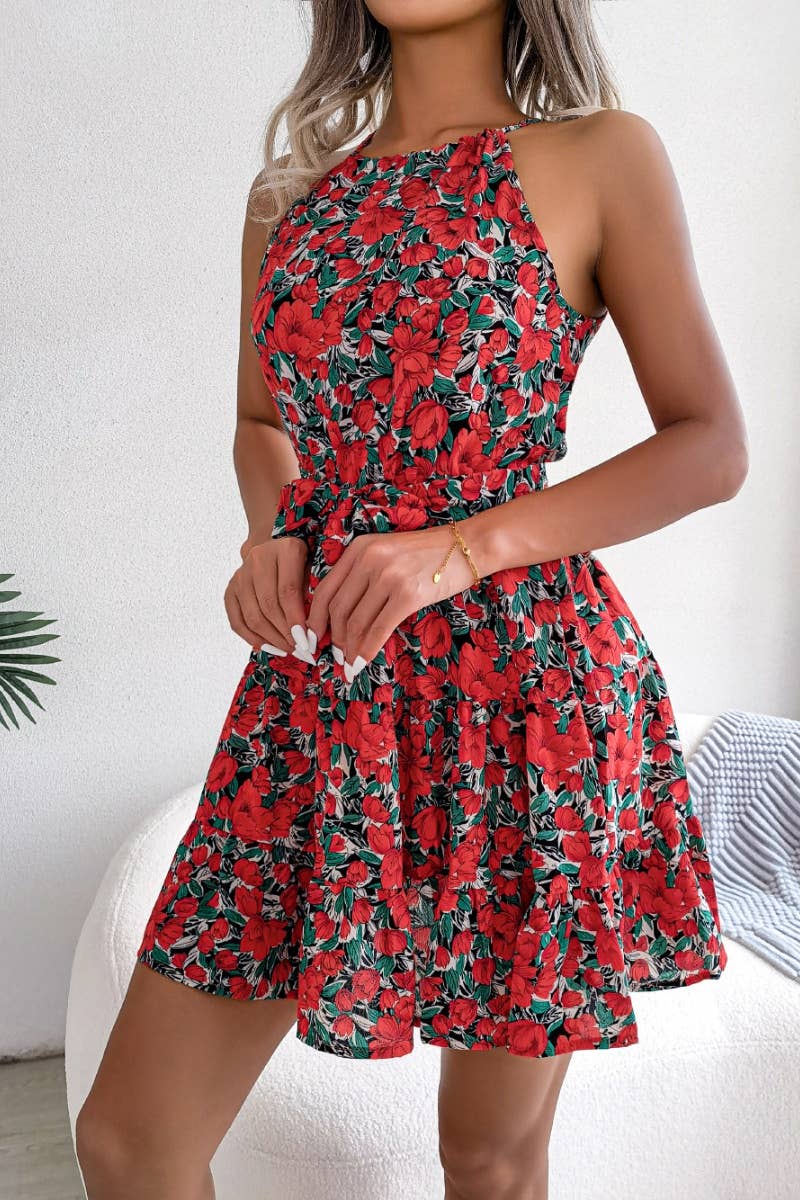 CWDSD4681_SUMMER CASUAL RUFFLED FLORAL SWING DRESS SHORT