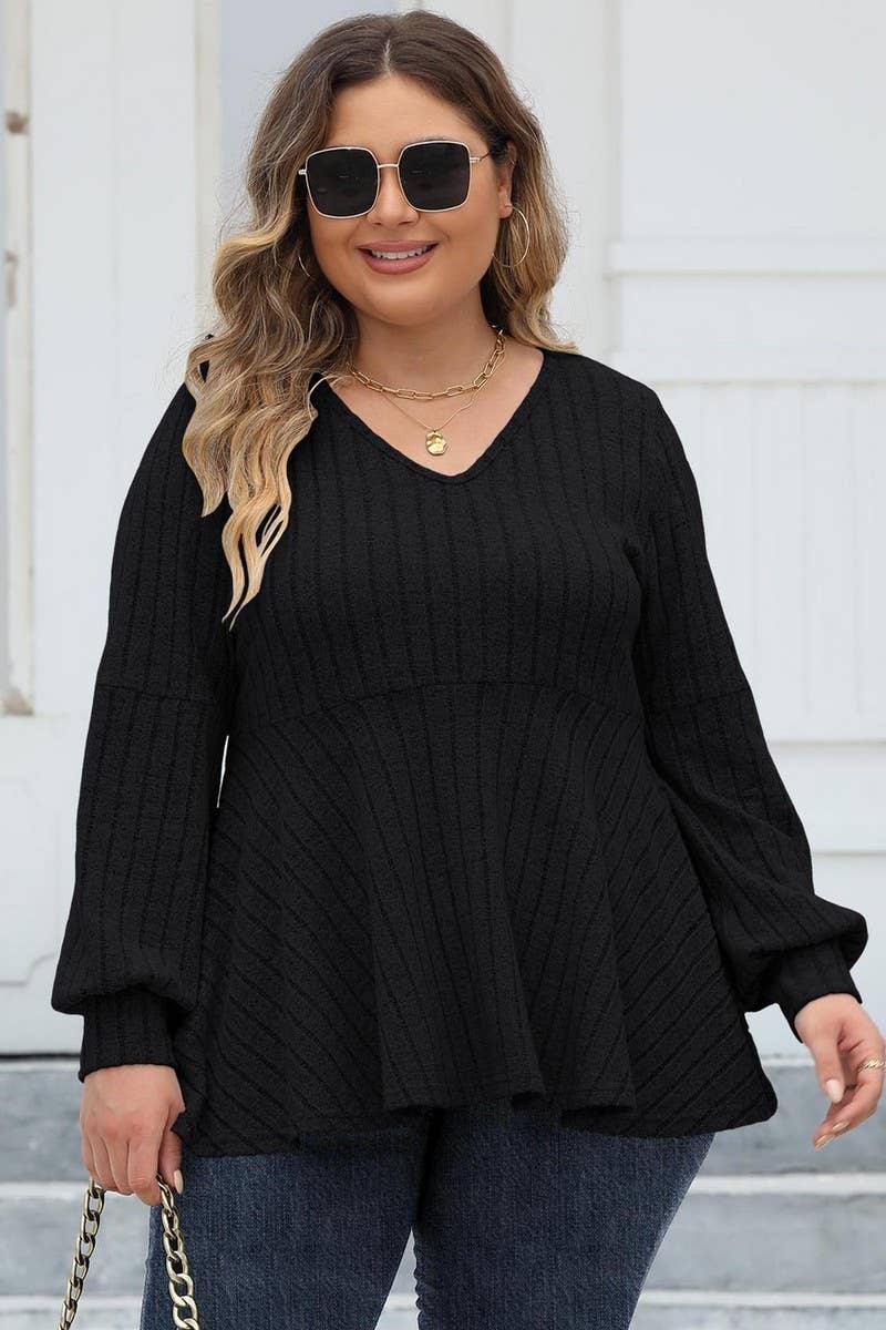 CWTTL1313_PLUS Size V-Neck Long Sleeve Pullover Top