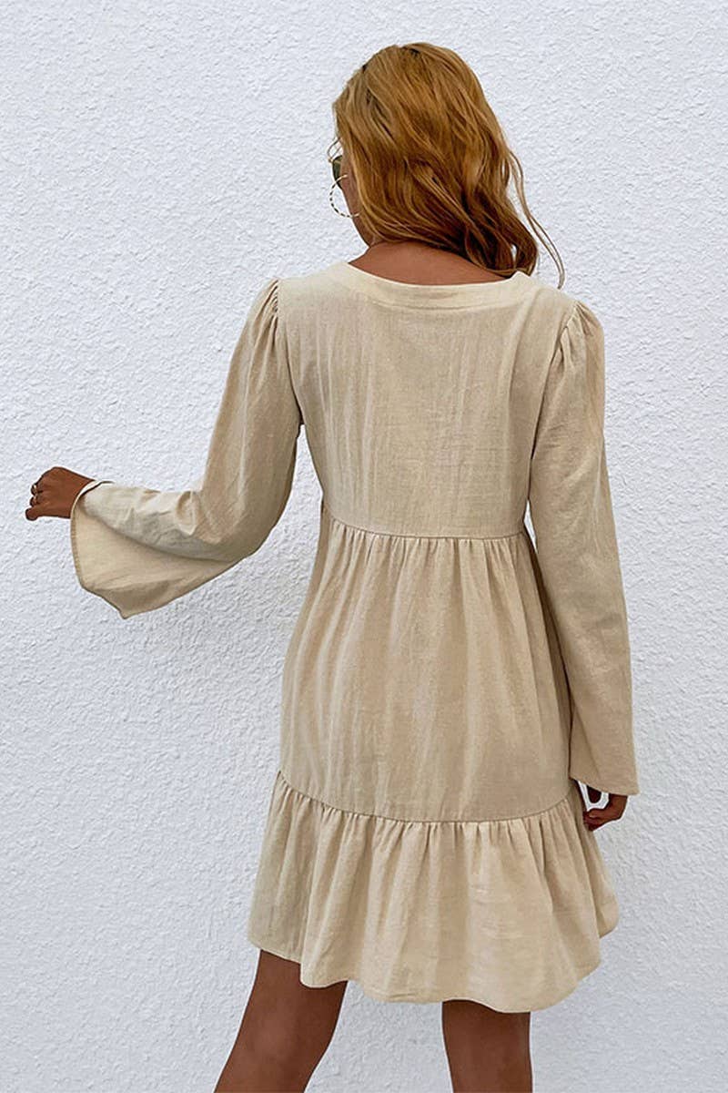CWDSD2000_V-Neck Button Long Sleeve Pullover Dress