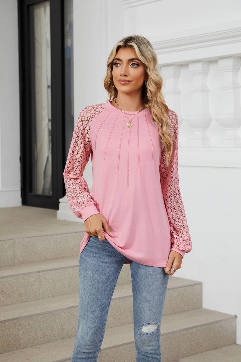 CWTBLL2860_CREW-NECK LACE PATCHWORK LONG-SLEEVED TOP