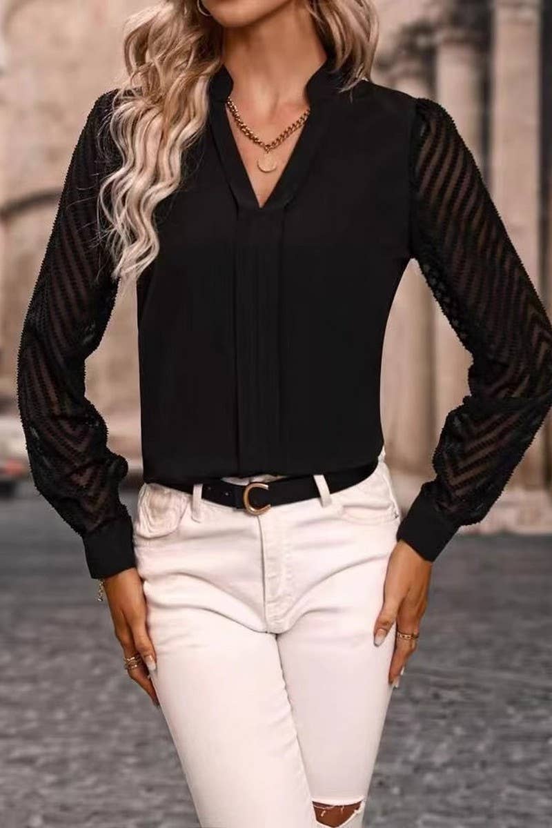 CWTBLL3879_V-NECK LACE PANEL LONG-SLEEVED SHIRT