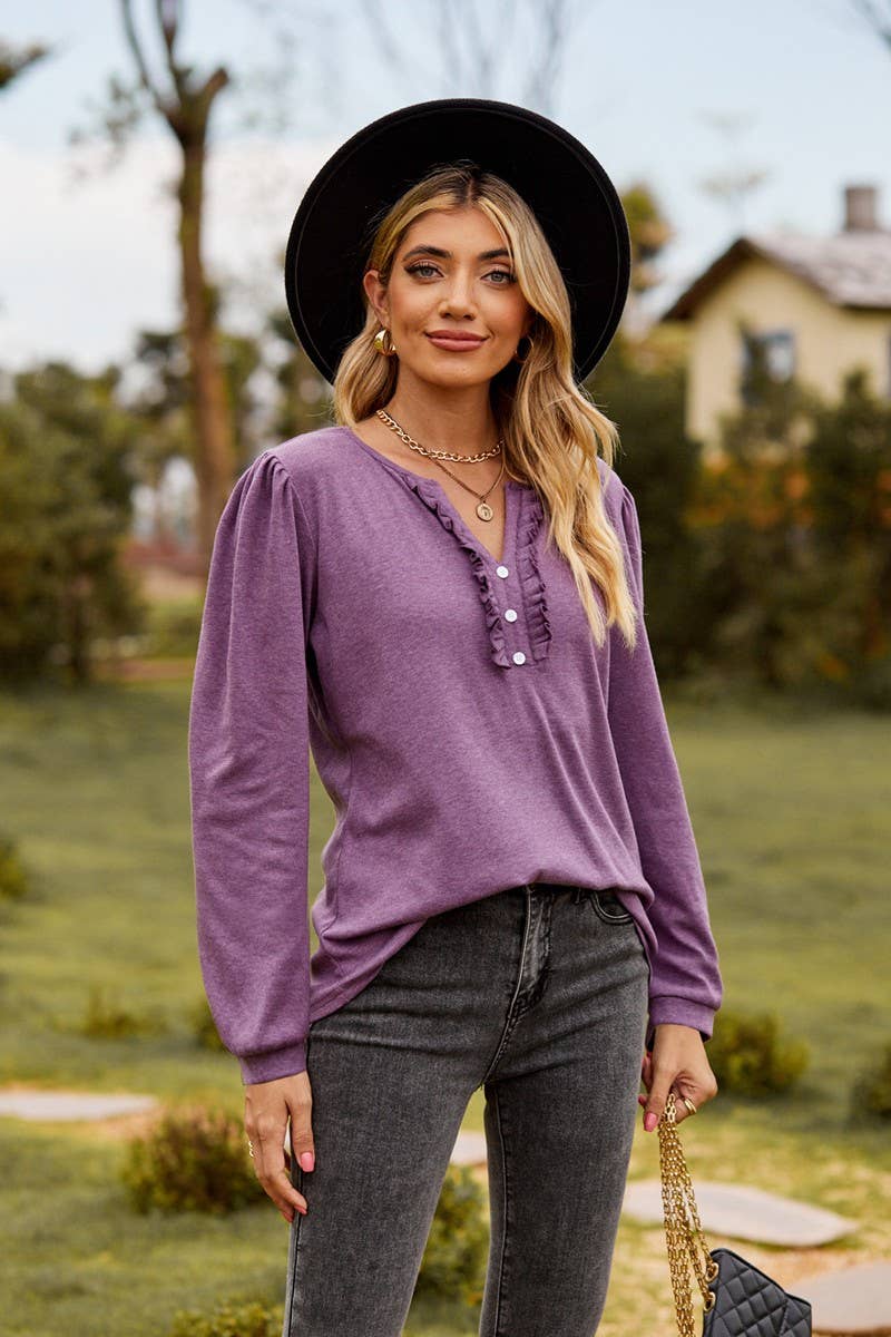 CWTBLL3682_SOLID COLOR V-NECK BUTTON RUFFLED LONG-SLEEVED TO
