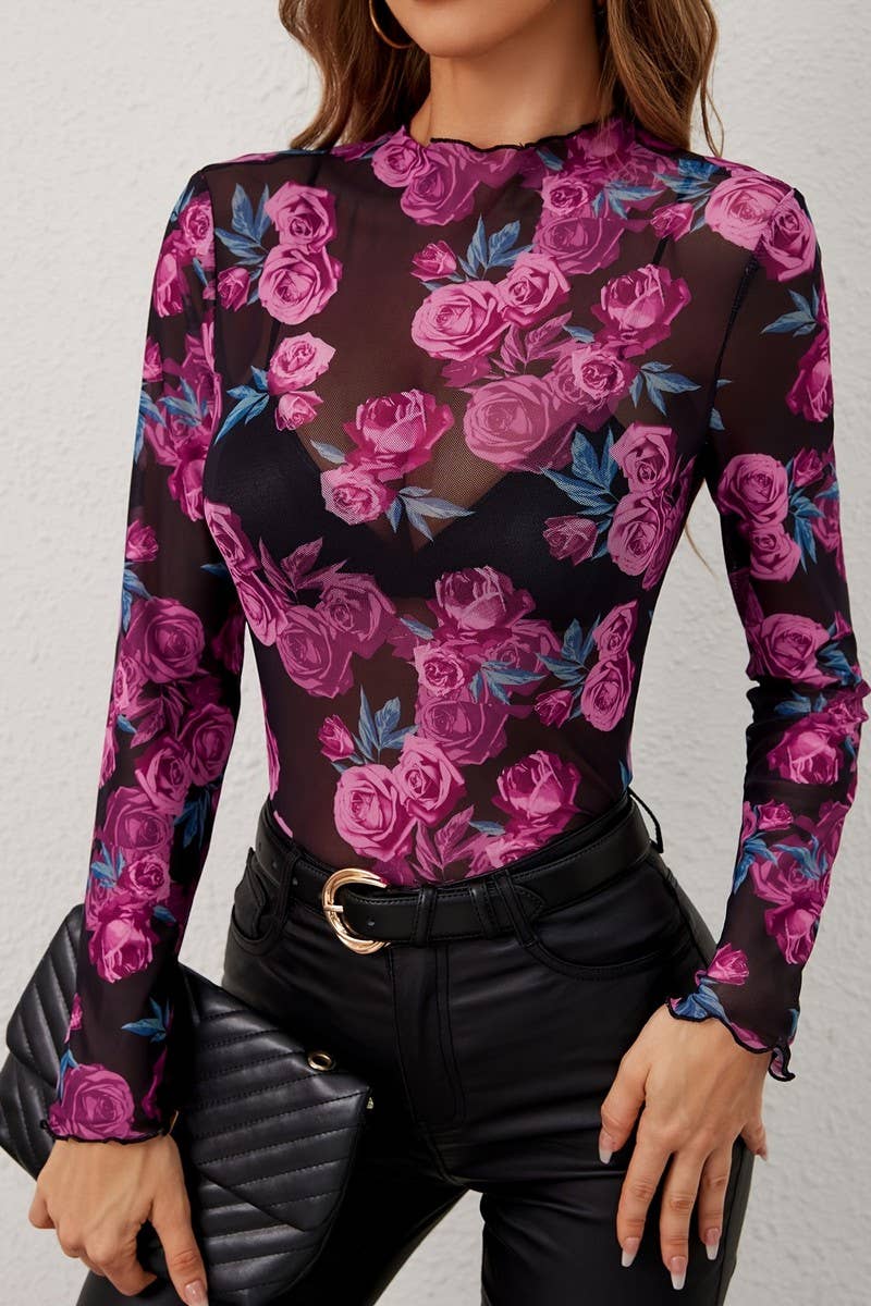 CWTBLL3537_FLORAL PRINTED STAND COLLAR MESH RUFFLED TOP