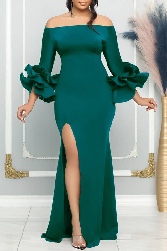 CWDMD1729_ONE SHOULDER SLIT RUFFLE SLEEVE EVENING MAXI DRESS