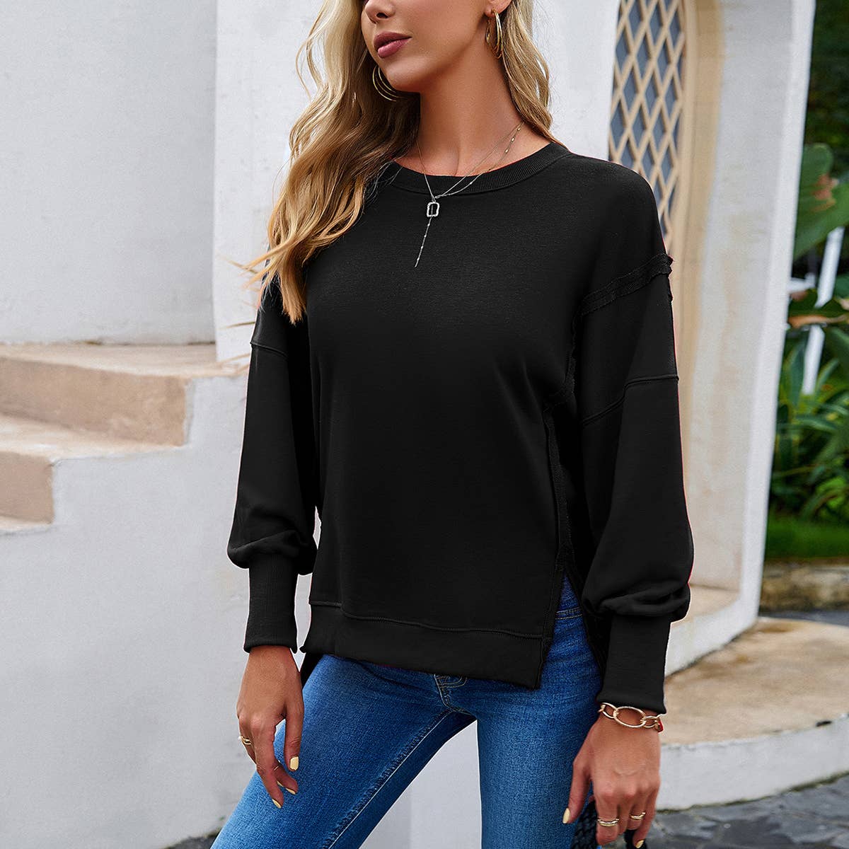 CASUAL LONG SLEEVE ROUND NECK SOLID COLOR HOODIE