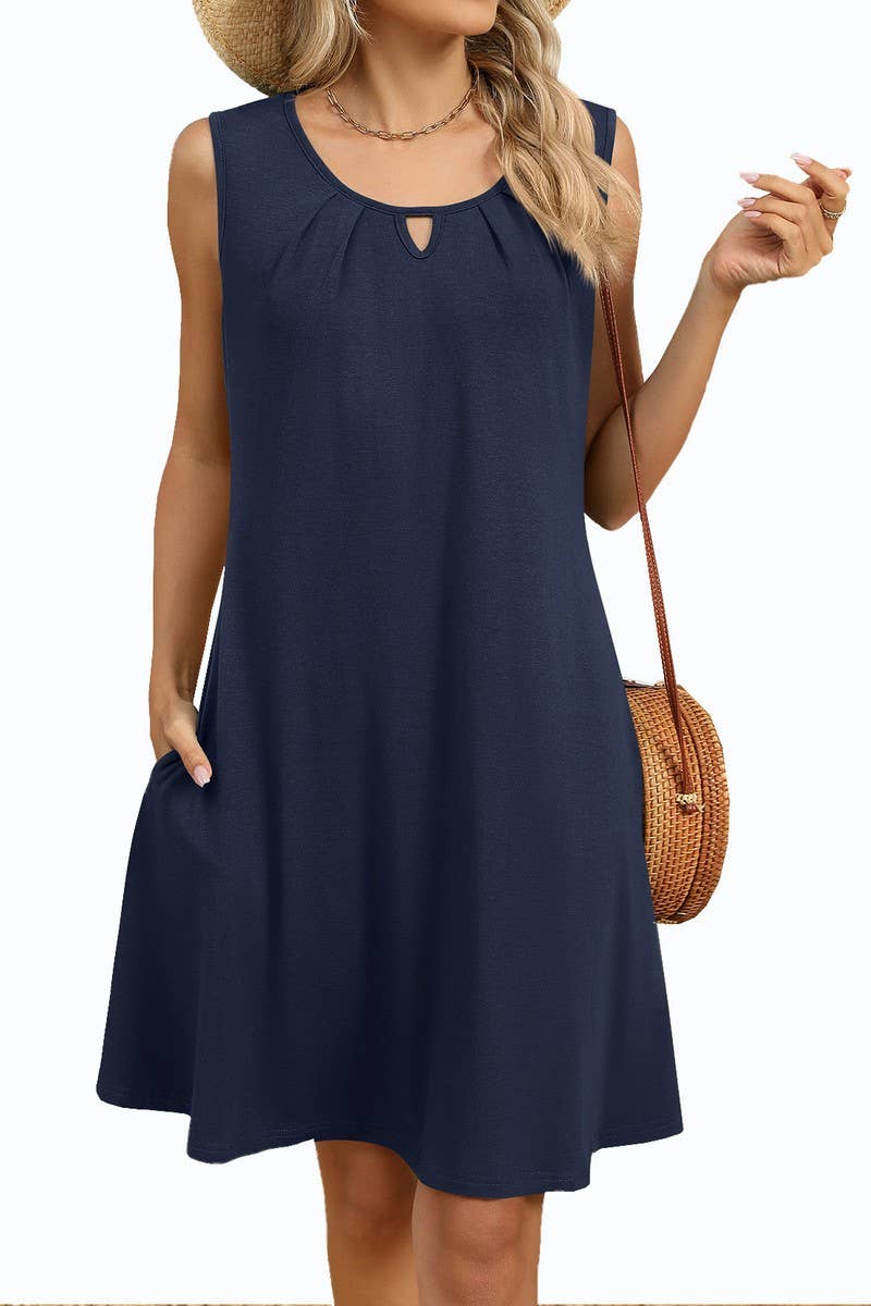 CWDSD8718_SOLID V-NECK RUCHED POCKET SLEEVELESS DRESS