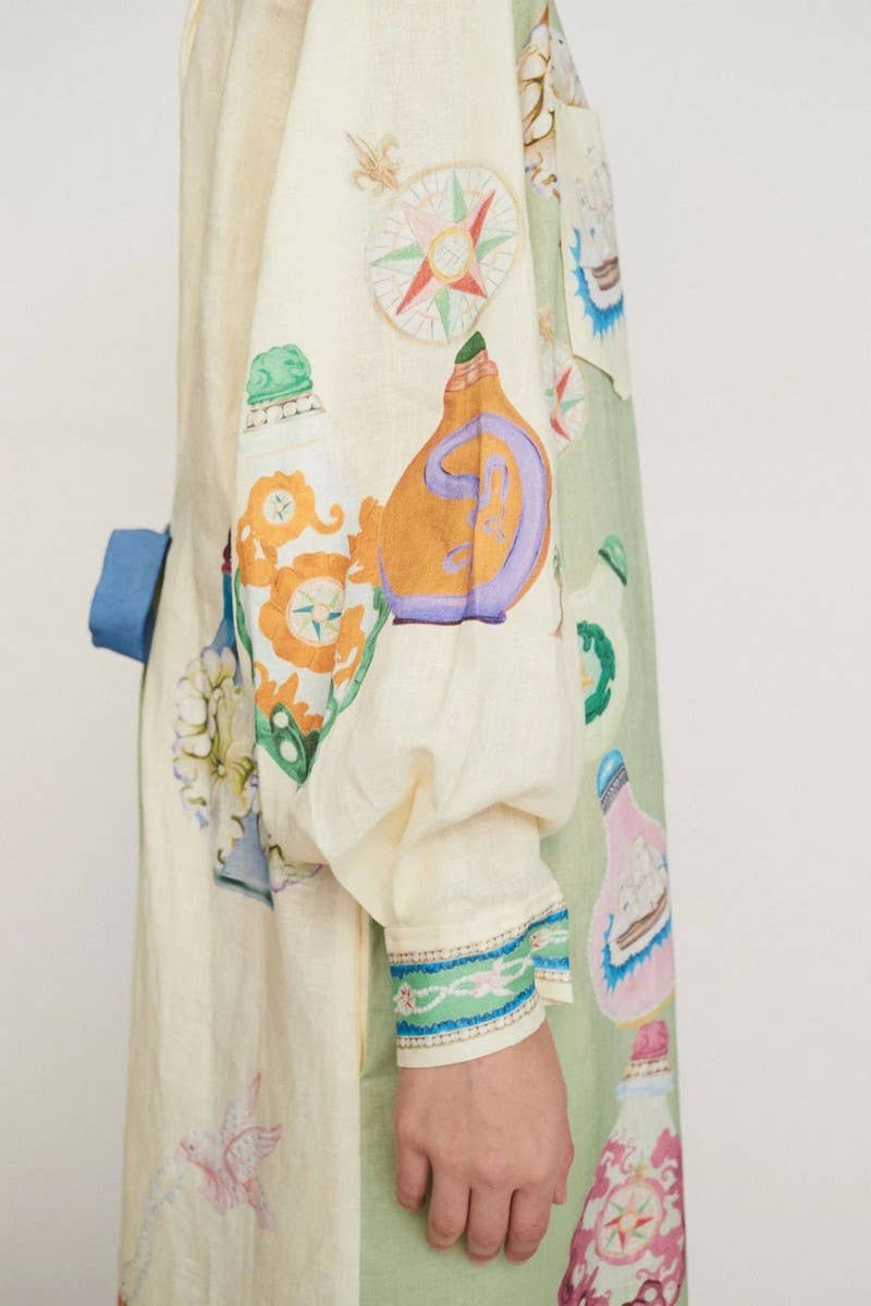 CWDMD5746_COLORBLOCK COTTON AND LINEN PRINT LACE-UP DRESS