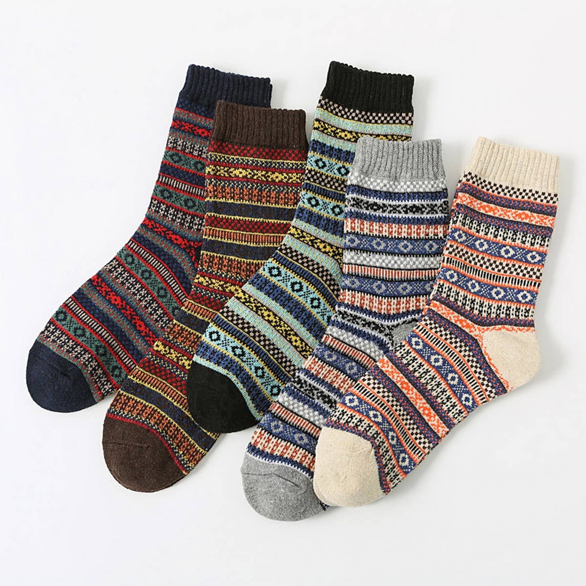 5 PAIRS OF ETHNIC STYLE SMALL DIAMOND WOOL SOCKS_CWMS0677