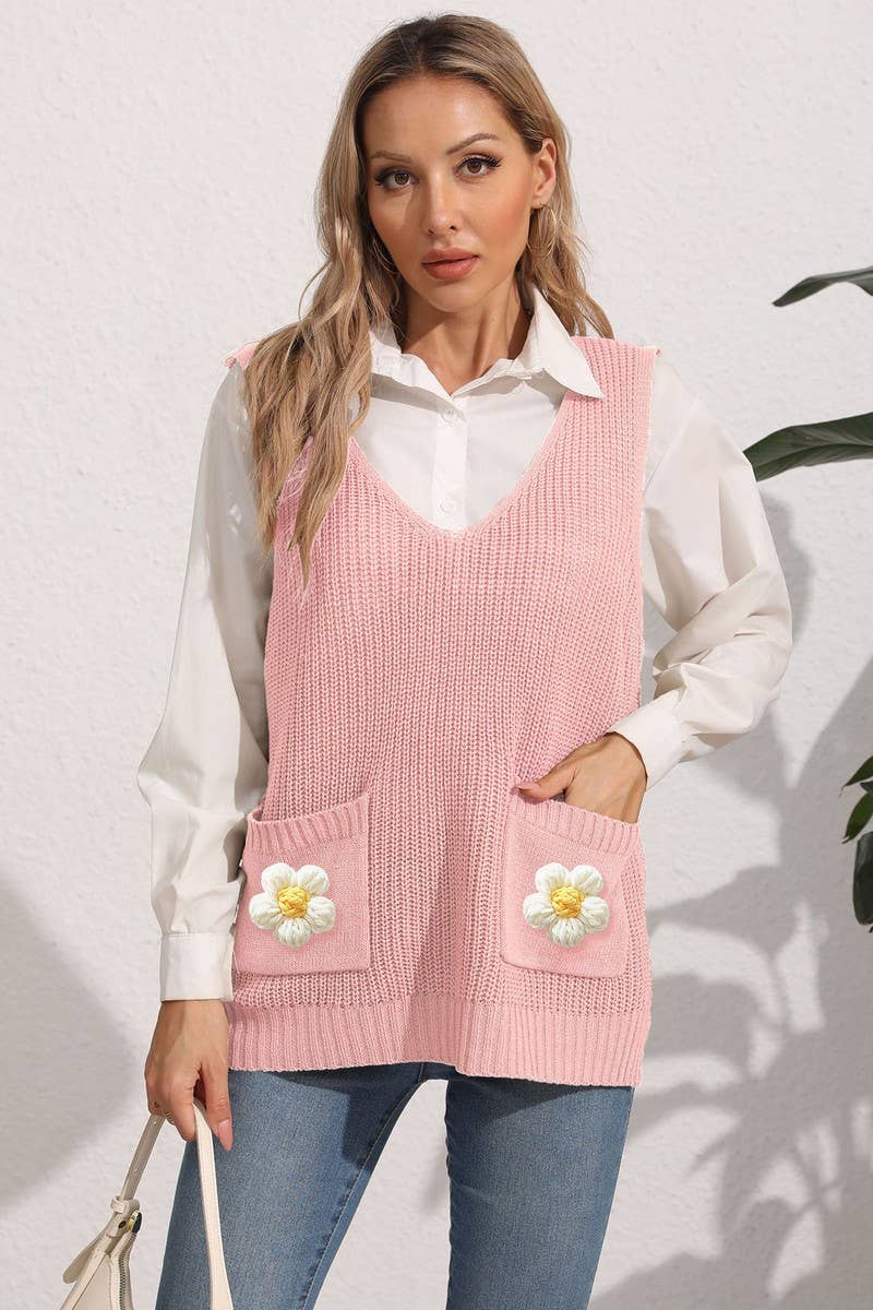 CWOJA00766_WOMEN V-NECK CROCHET PATCHWORK KNIT VEST