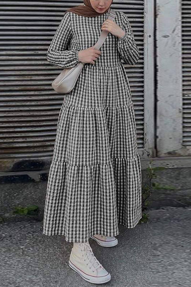 CWDMD3267_CHECKED MUSLIM PUFF SLEEVE DRESS