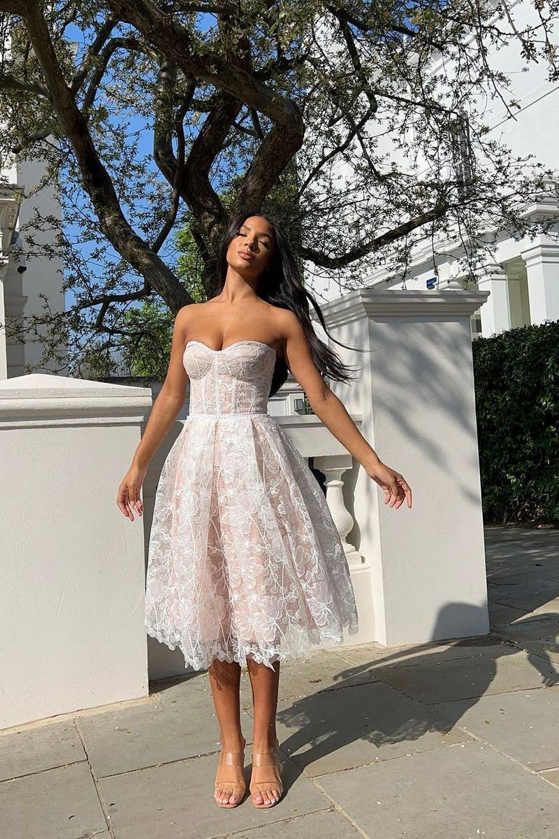 CWDTD0470_EMBROIDERED LACE STRAPLESS BODYCON EVENING DRESS