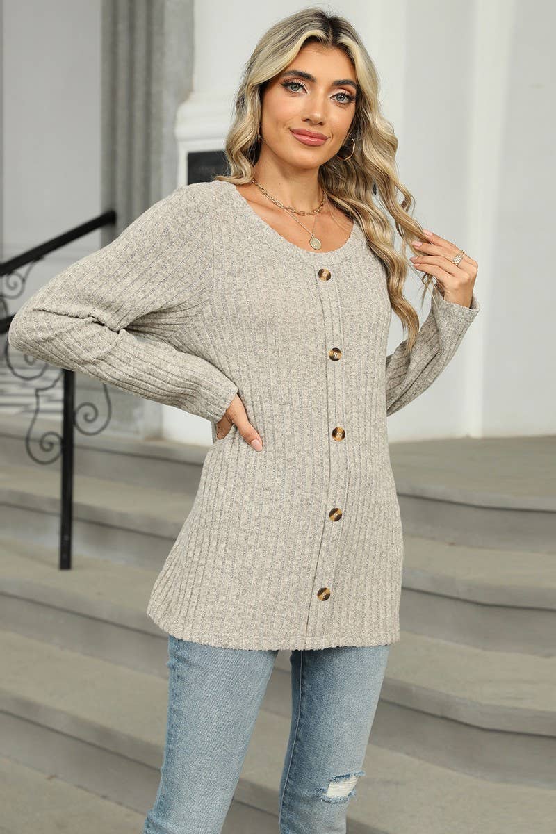CWOSWL6831_SINGLE-BREASTED ROUND NECK LONG-SLEEVED LOOSE TOP