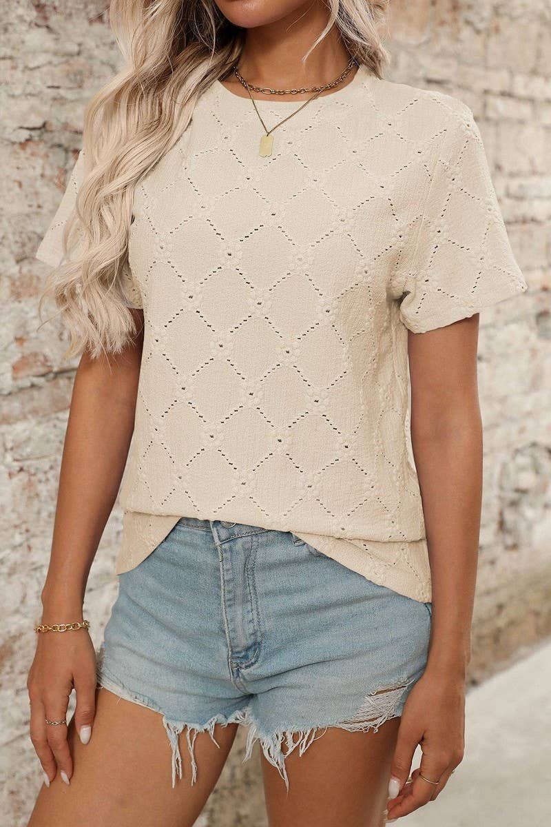 CWTTS1372_SUMMER ROUND NECK JACQUARD SHORT-SLEEVED T-SHIRT