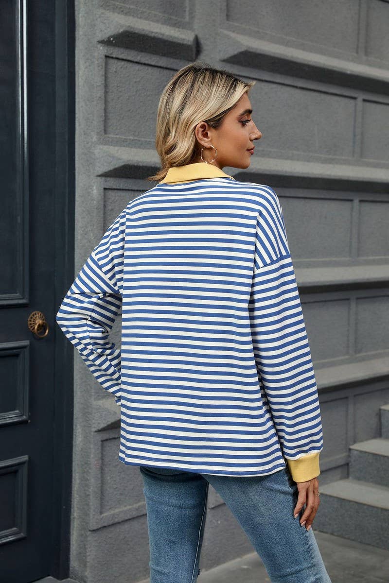CWTBLL2361_CONTRAST COLOR LAPEL LOOSE STRIPED SWEATSHIRT