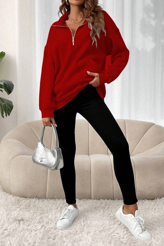 CWTBLL3941_ZIPPER POLO COLLAR SOLID LOOSE CASUAL SWEATSHIRT