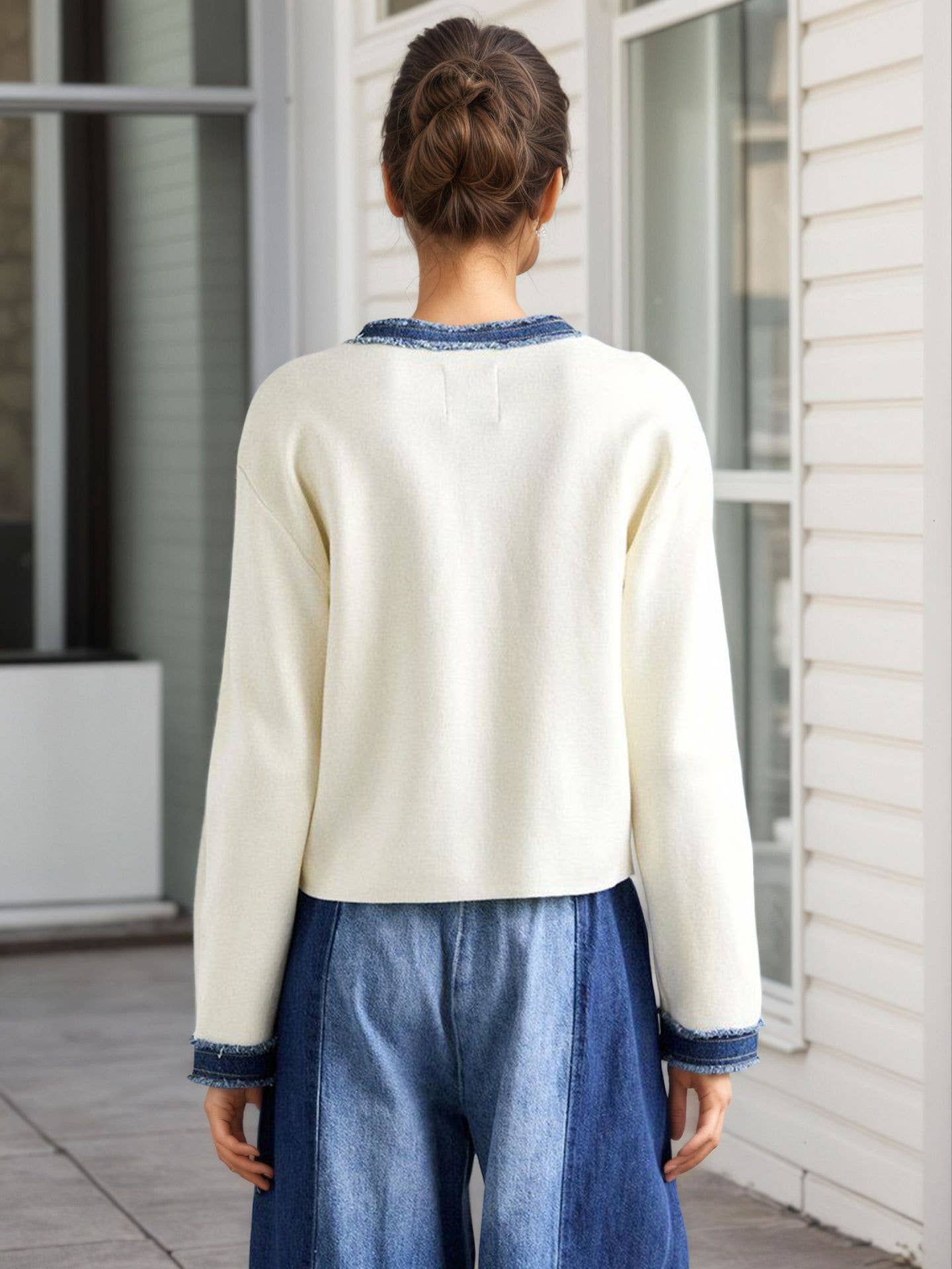 Denim color-blocking round-neck short coat