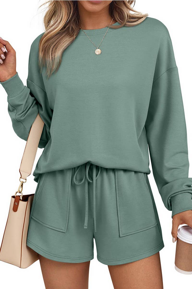 CWSTB00405_CREW NECK LONG SLEEVE SHORTS TWO-PIECE HOODIE SET