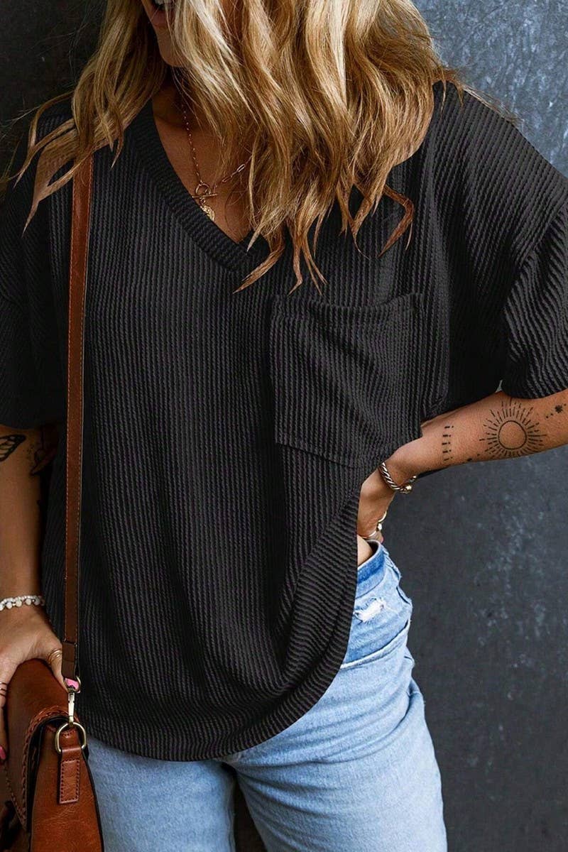 CWTTS1382_SUMMER FASHION POCKET SHORT SLEEVE V NECK TOP