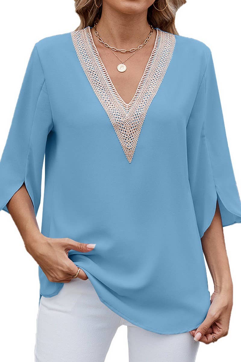 CWTTS1345_SPRING AND SUMMER V-NECK LACE CHIFFON TOP