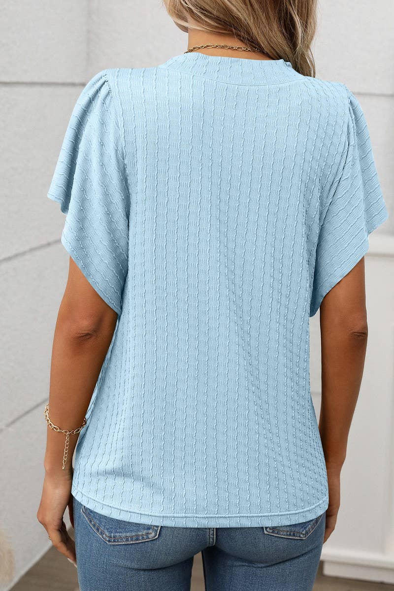 CWTBLS1718_SOLID COLOR ROUND NECK RUFFLE SLEEVE TOP