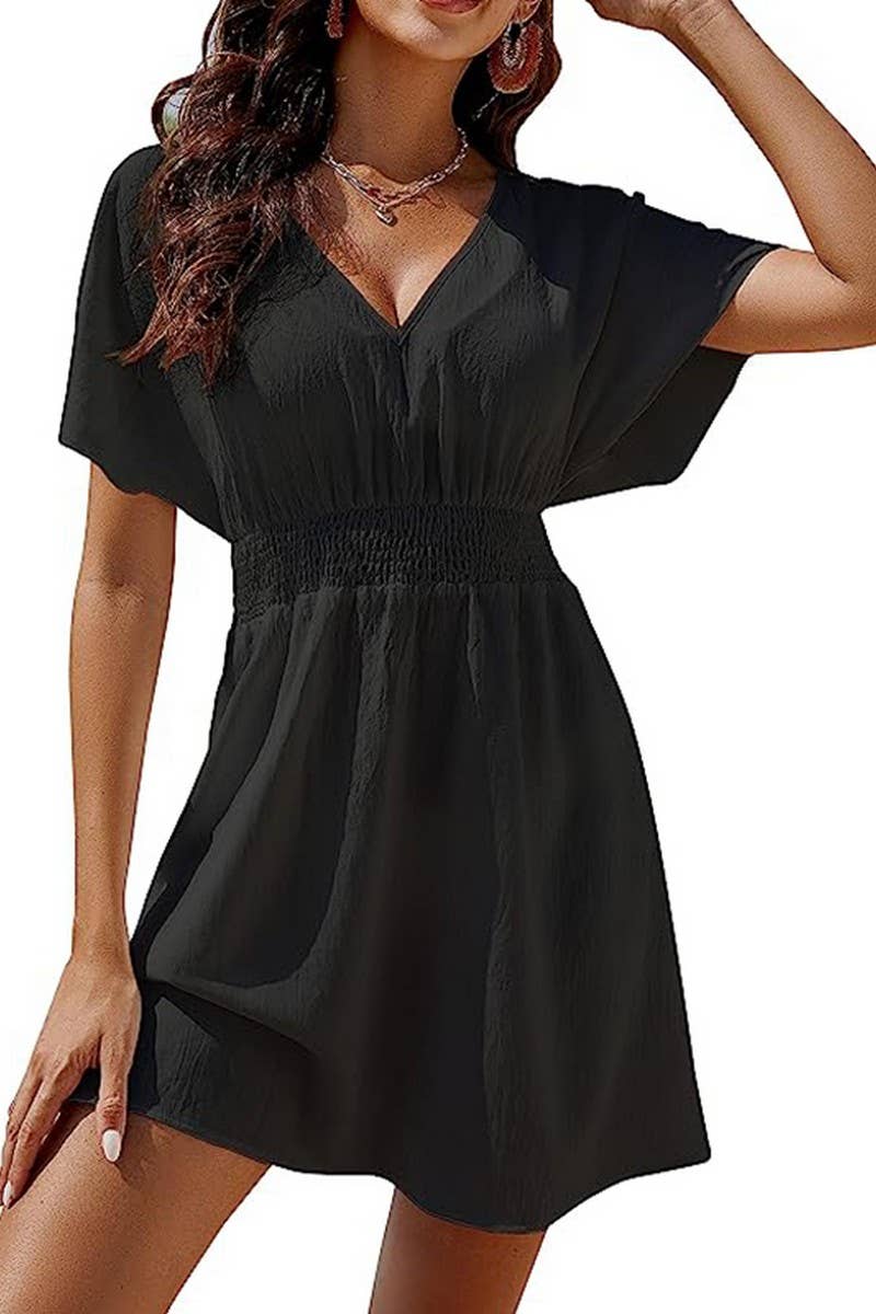 CWDSD3629_CASUAL V-NECK PLEATED SHORT DRESS