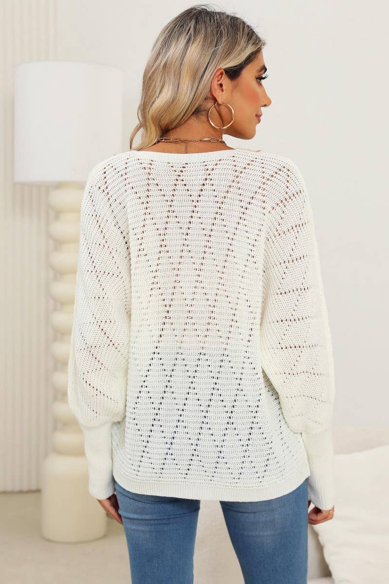 CWOSWL07411_WOMEN LACE V-NECK SLEEVE KNIT SWEATER