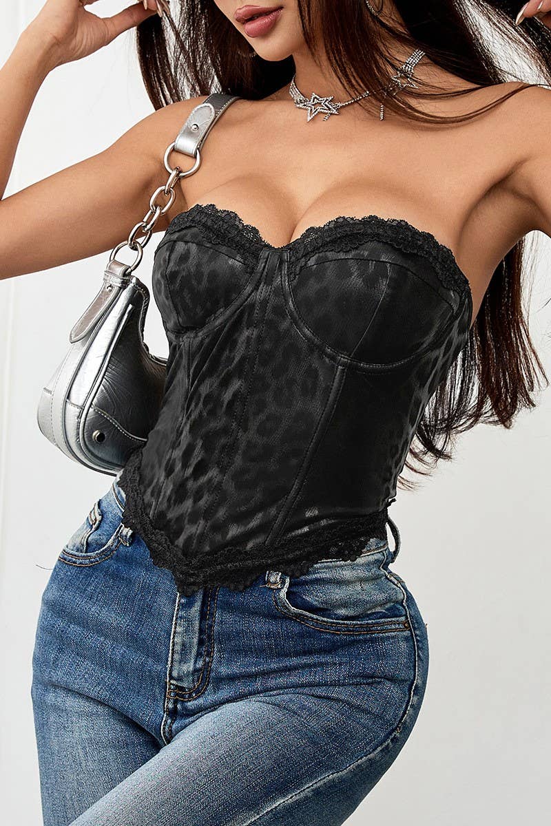 CWTTT0058_LEOPARD-PANEL LACE HERRINGBONE CORSET